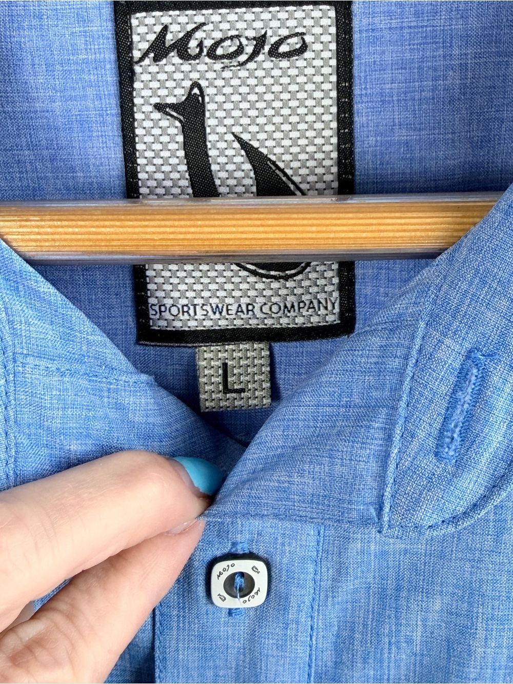 Mojo Sportswear Button Up Shirt Blue Long Sleeve Fishing Vent Back Large - Picture 2 of 8